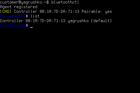 Скриншот bluetoothctl